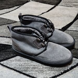 UGG NEUMEL GHILLIE GRAY SUEDE SHEEPSKIN ELASTIC LACES EMBOSSED LOGO SHOES
